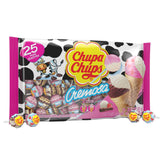 Chupa Chups front packaging showing 25-piece bag and flavors, easy sharing