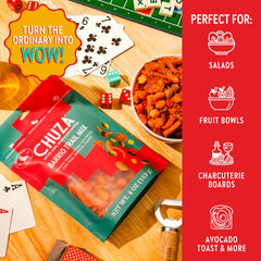 CHUZA ingredients laydown of peanuts pepitas and corn nuts showing authentic spices benefit