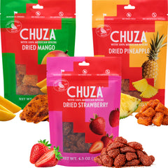 CHUZA front packaging trio showing three flavor pouches and brand visibility