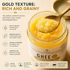 Cibo ghee close-up golden texture highlights clean clarified butter