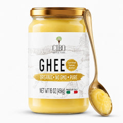 Cibo ghee front jar showing Italian label and organic origin benefit