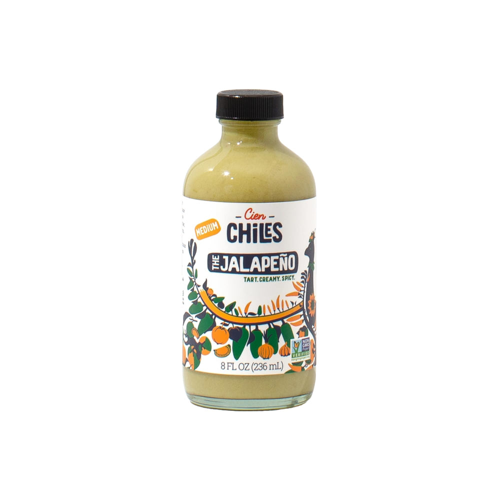 Cien Chiles front packaging of the 8 oz jalapeño sauce showing bottle and label benefit