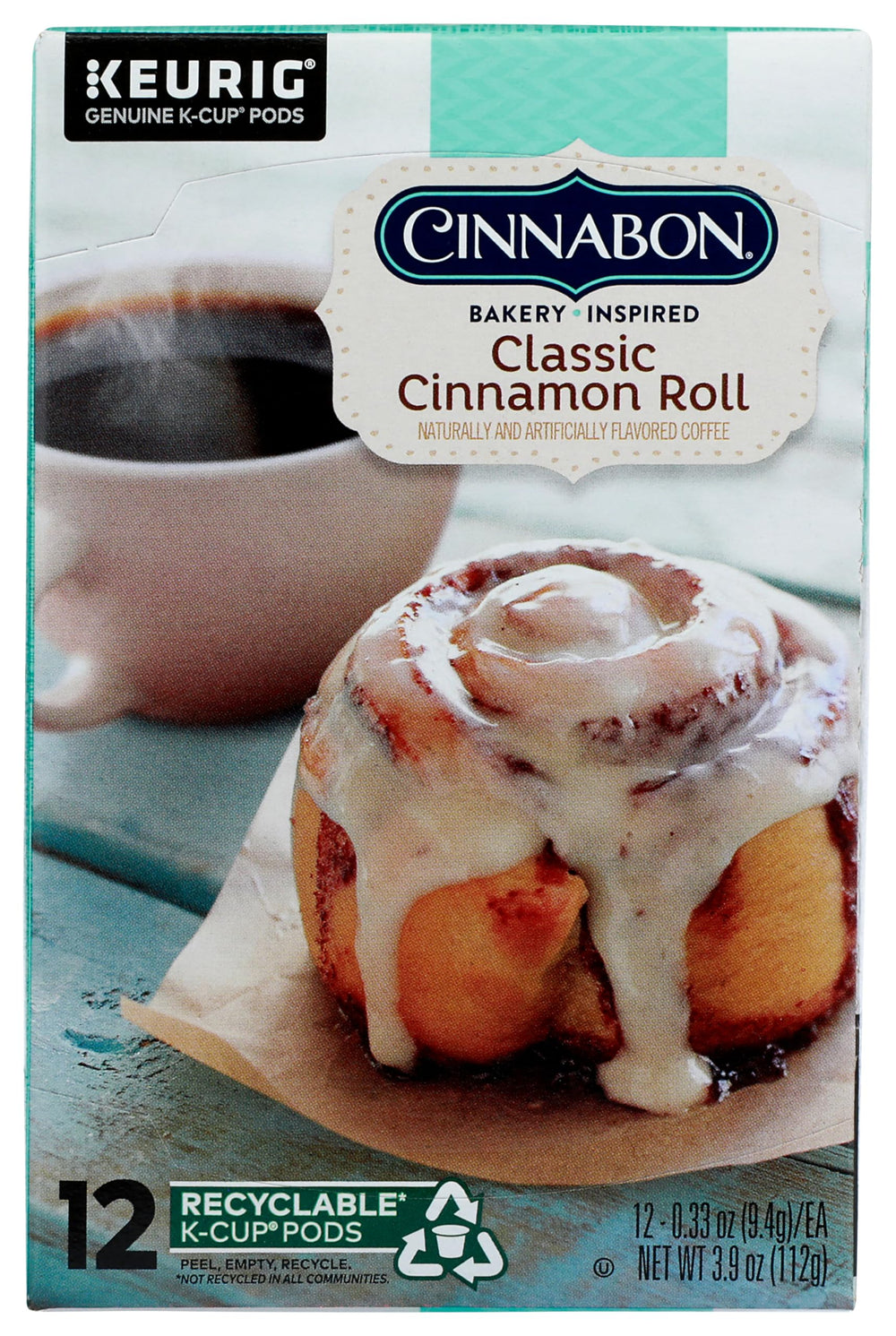 CINNABON front packaging showing K-Cup pods and convenient single-serve indulgence