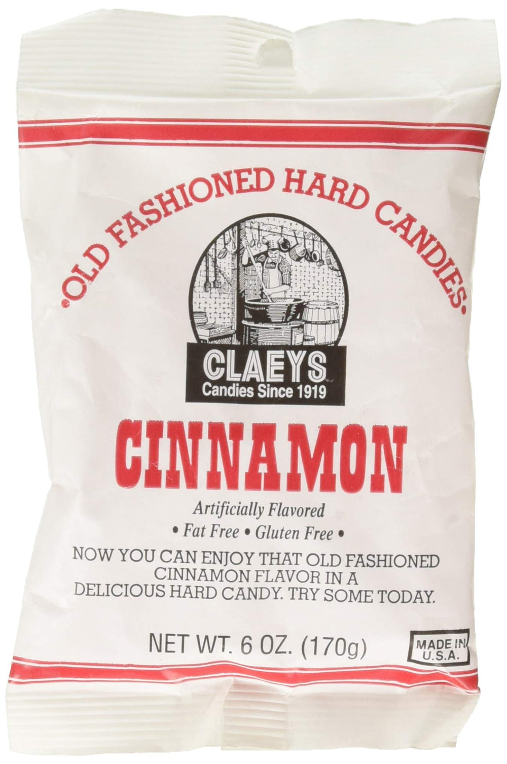 Claeys front packaging showing twelve 6-ounce cinnamon candy bags, great for sharing