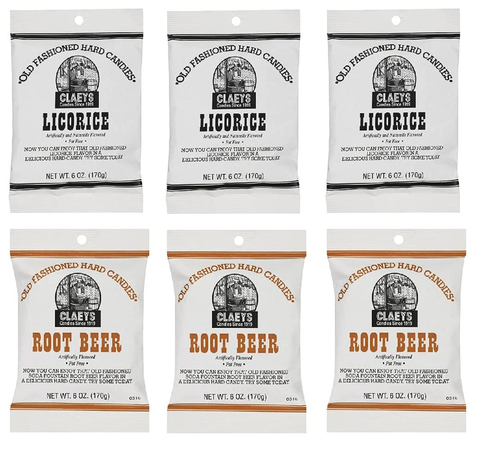 Claeys front packaging showing licorice and root beer packs with clear labeling and freshness benefit