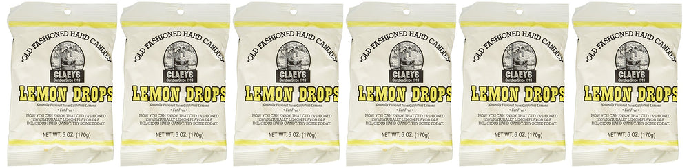 Claeys front packaging showing six 6oz bags and clear lemon-drop visibility, convenient multi-pack benefit