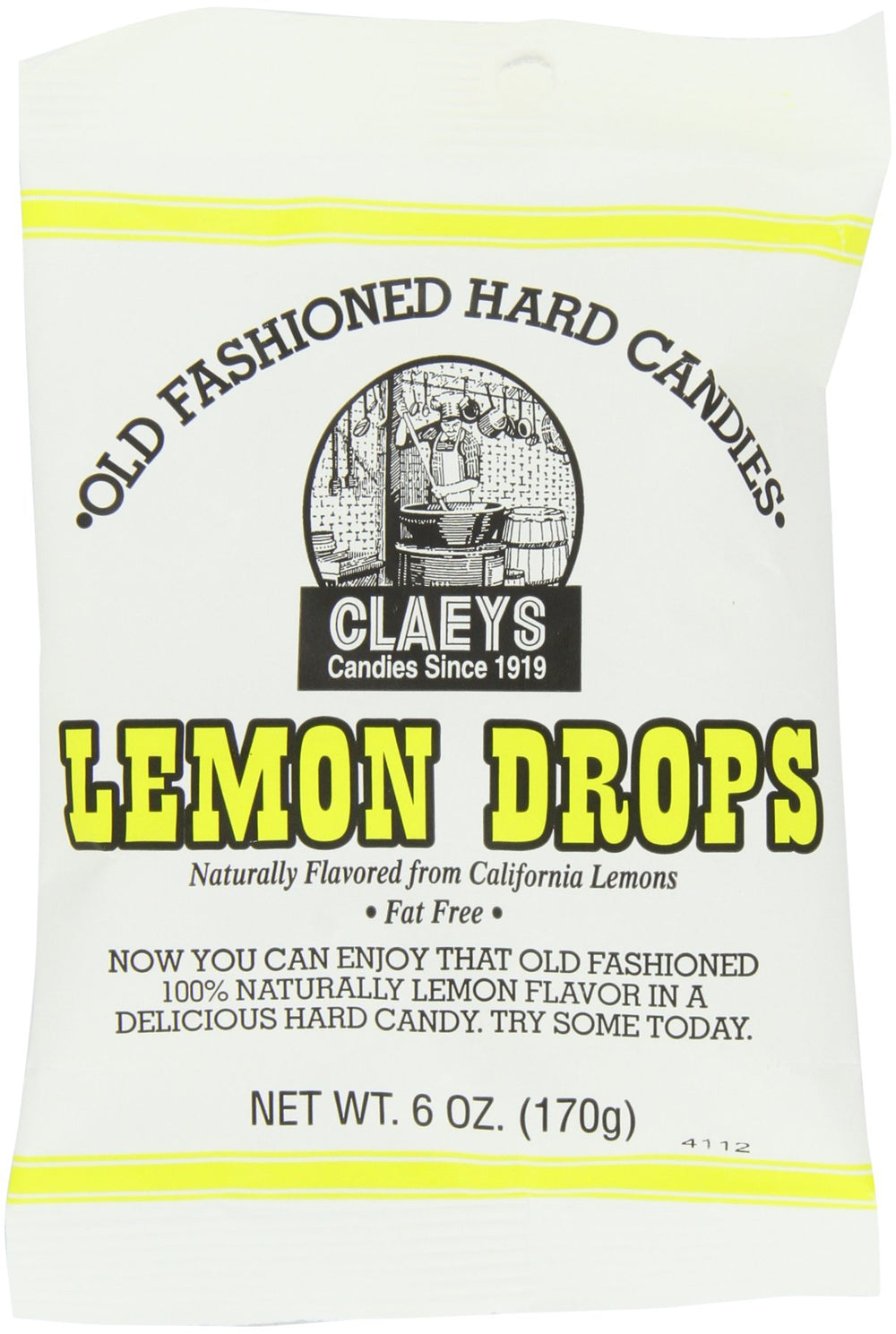 Claey's front packaging showing six 6-ounce bags and clear lemon drops, convenient storage