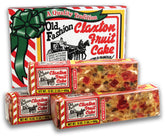 Claxton Fruit Cake front carton showing three 1 lb loaves and gift-ready design