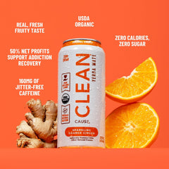 Orange ginger drink pouring from CLEAN Cause can with visible bubbles for refreshing energy