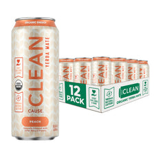 CLEAN Cause front can view showing peach flavor and organic badge, highlights natural boost