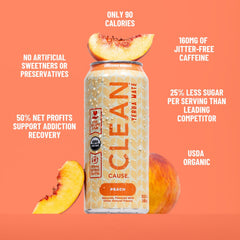 CLEAN Cause can pouring peach yerba mate into glass, demonstrates smooth non-carbonated texture