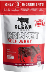 Clean Jerky Co front packaging showing salt & pepper flavor and clear ingredients benefit