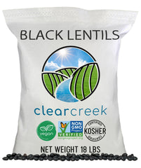 CLEAR CREEK close-up texture of glossy black beluga lentils showing quality