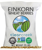 CLEAR CREEK front of bag showing 25 lb einkorn wheat berries and certification benefits