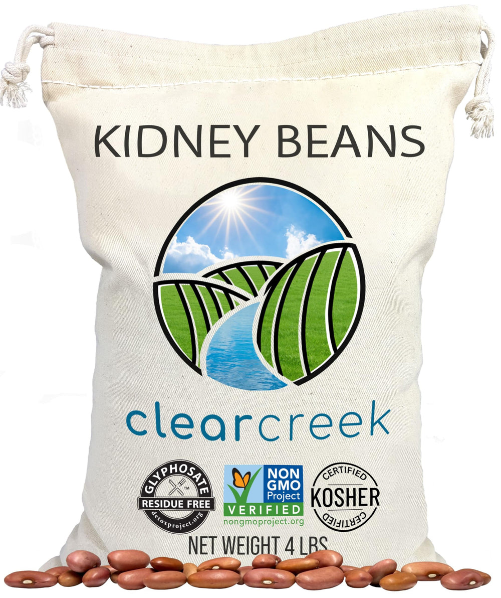 CLEAR CREEK front packaging of 4 lb kidney beans showing certifications and brand