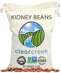 CLEAR CREEK front packaging of 4 lb kidney beans showing certifications and brand
