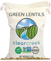 CLEAR CREEK front packaging of 4 lb green lentils showing brand and size, convenient bulk supply
