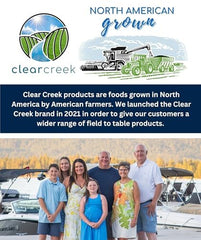 CLEAR CREEK product label with glyphosate-free and kosher certifications highlighted