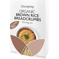 Clearspring front packaging of brown rice breadcrumbs showing organic label and use benefits