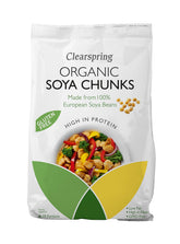 Clearspring soya chunks front packaging showing organic label and 200g size benefit