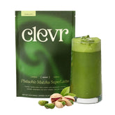 Clevr front packaging showing pistachio matcha latte mix benefits
