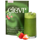 Clevr front packaging showing strawberry matcha mix and servings benefit convenience