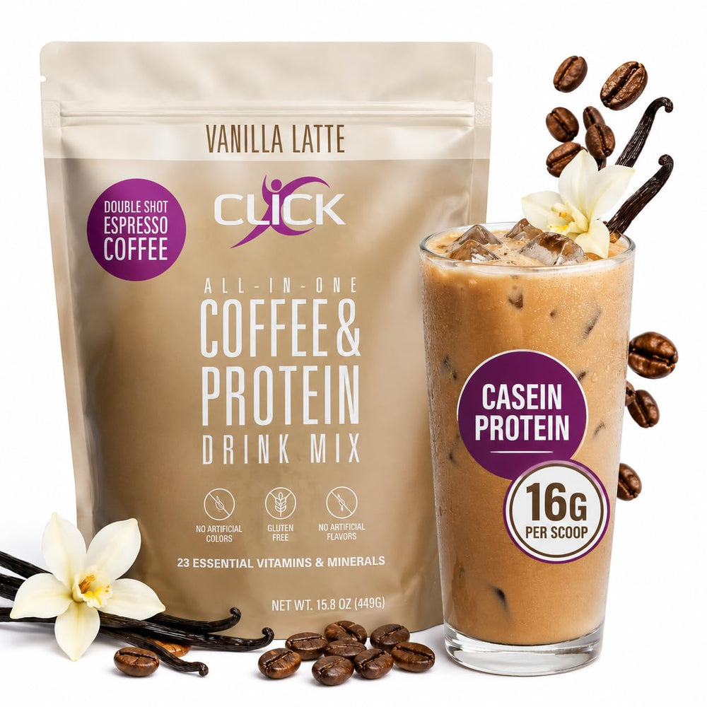 Click vanilla front pouch showing branding and gluten-free benefit