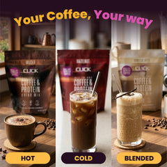 Click vanilla iced glass over ice showing refreshing protein coffee