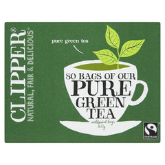 Clipper Fairtrade Pure Green Tea packet front showing eco packaging and fresh leaves
