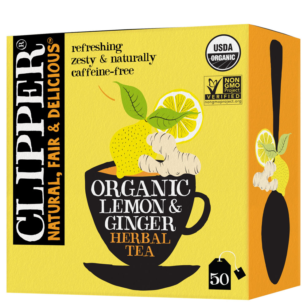 Clipper front pack displaying lemon and ginger flavour and fairtrade badge for trust
