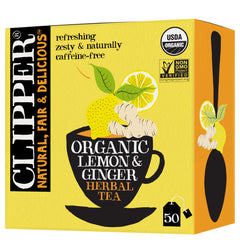 Clipper front pack displaying lemon and ginger flavour and fairtrade badge for trust
