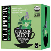 Clipper front packaging showing 50 tea bags and organic mint freshness