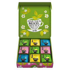 Clipper sampler box front view showing 45 tea bags and brand packaging benefit freshness