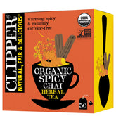 Clipper Spicy Chai front packaging showing organic Fairtrade branding and benefits