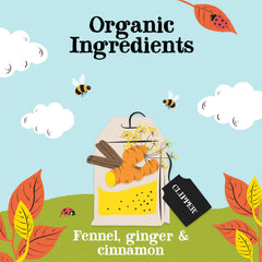Close-up of cinnamon, fennel seeds and black pepper with Clipper branding for aroma