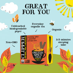 Clipper tea box opened to display 50 unbleached, plant-based tea bags for convenience