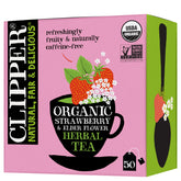 Clipper Tea front pack showing organic strawberry elderflower benefits