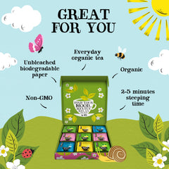 Clipper tea bag close-up displaying unbleached material and fast steeping benefit