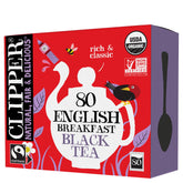 Clipper Tea front packaging showing organic English Breakfast benefits
