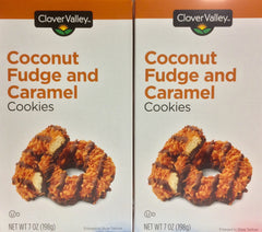 Clover Valley front packaging showing coconut fudge and caramel cookies, ideal for sharing