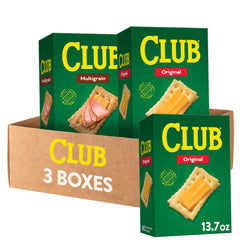 Club Crackers front packaging showing two Original and one Multigrain box, keeps snacks fresh