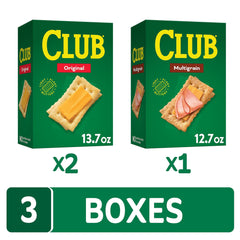 Club Crackers multigrain box angled view highlighting whole-grain texture and hearty option