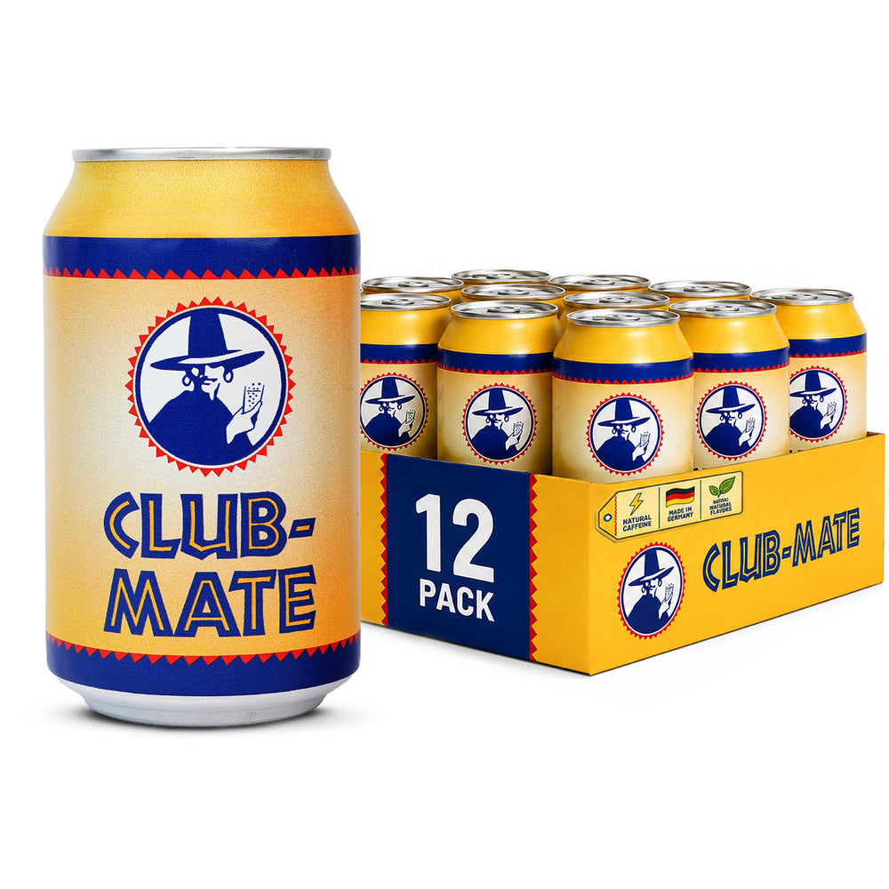 Club-Mate front packaging can displaying brand and low sugar benefit
