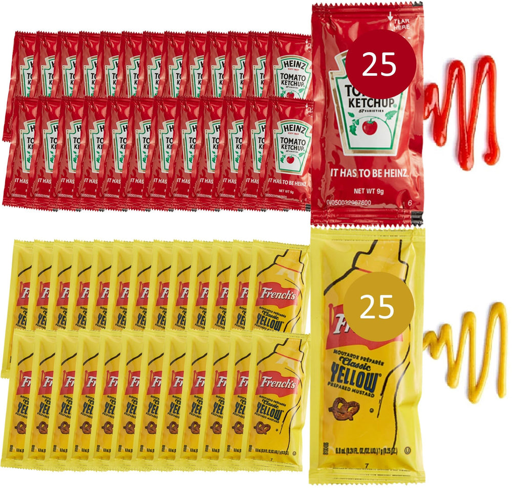CMC Products front packaging showing 25 ketchup and 25 mustard packets for convenience