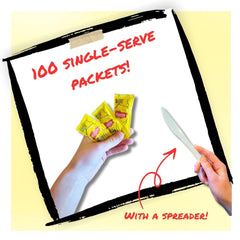 Close-up of a single mustard packet from CMC Products showing easy-open benefit