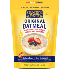 Coach's Oats front packaging showing 48 oz bag and label benefits