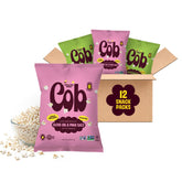 Cob front box of Vegan Pack popped sorghum showing two flavor icons and clean label benefits