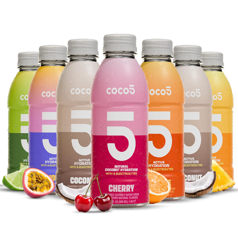 Coco5 12-pack front packaging showing all six flavors and low sugar benefit