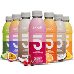 Coco5 12-pack front packaging showing all six flavors and low sugar benefit