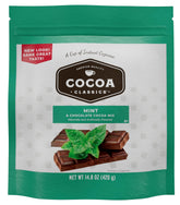 Cocoa Classics front pouch showing mint cocoa and convenient resealable pouch for freshness